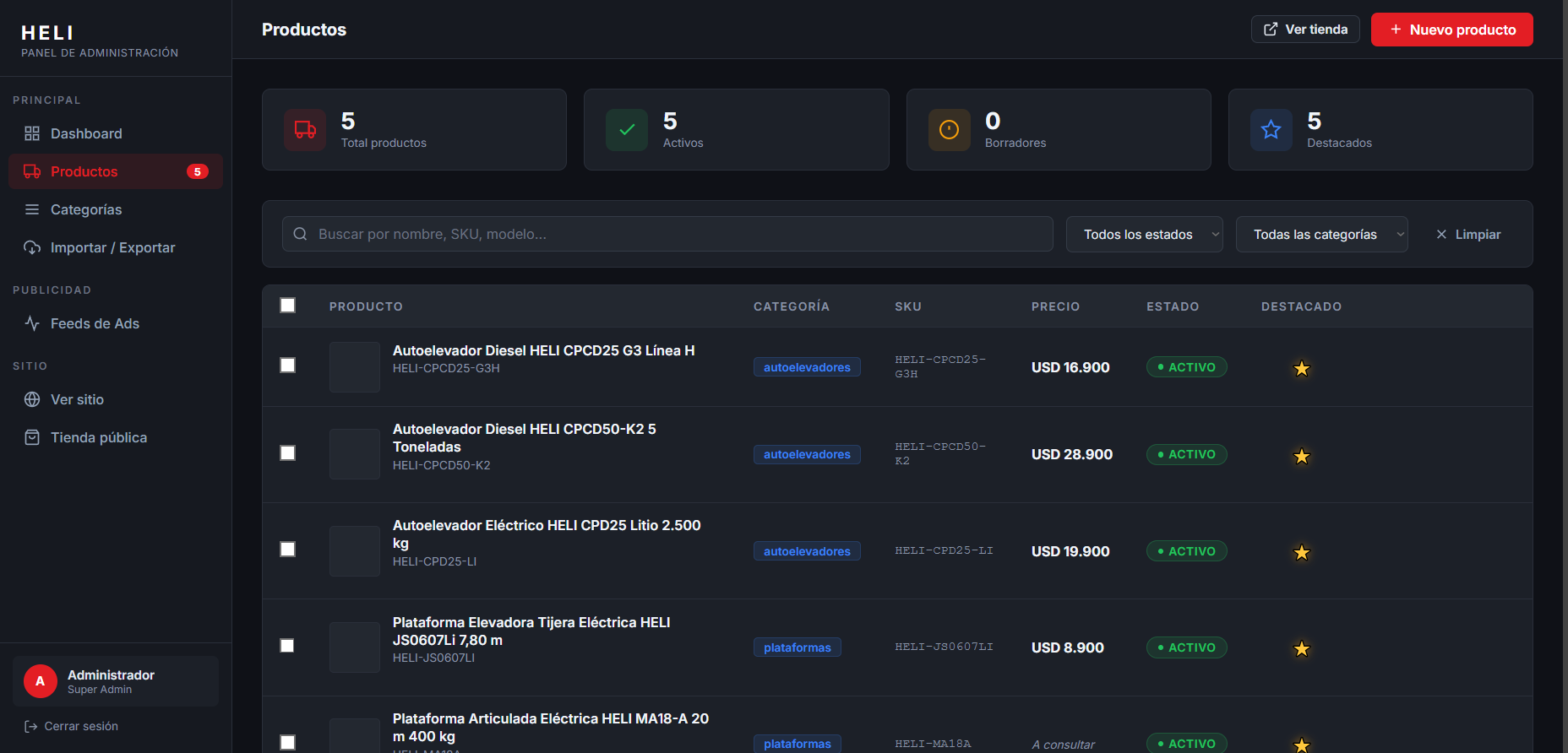 Panel admin custom — vista 1